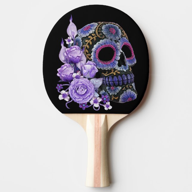 Lila Blommigt Black Sugar Skull Day of the dead Pingisracket (Framsidan)
