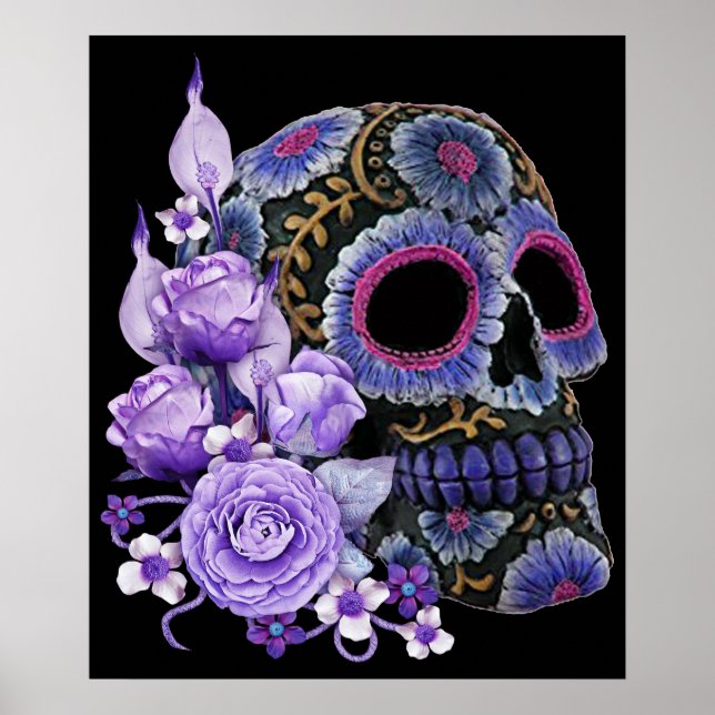 Lila Blommigt Black Sugar Skull Day of the dead Poster (Framsidan)