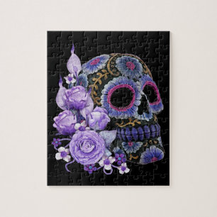 Lila Blommigt Black Sugar Skull Day of the dead Pussel