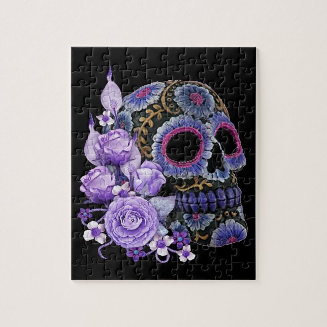 Lila Blommigt Black Sugar Skull Day of the dead Pussel (Vertikal)