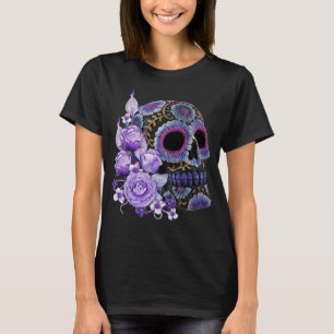 Lila Blommigt Black Sugar Skull Day of the dead T Shirt