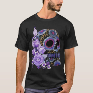 Lila Blommigt Black Sugar Skull Day of the dead T Shirt