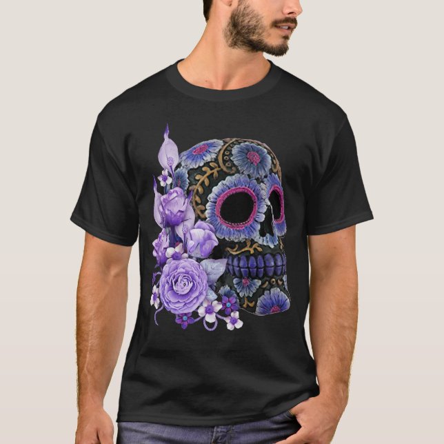 Lila Blommigt Black Sugar Skull Day of the dead T Shirt (Framsida)