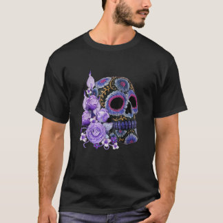 Lila Blommigt Black Sugar Skull Day of the dead T Shirt