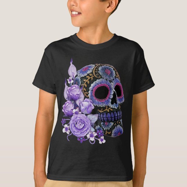 Lila Blommigt Black Sugar Skull Day of the dead T Shirt (Framsida)