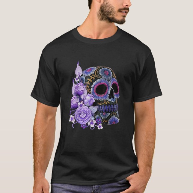 Lila Blommigt Black Sugar Skull Day of the dead T T Shirt (Framsida)