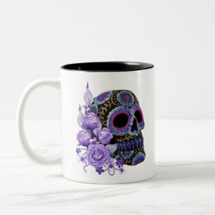 Lila Blommigt Black Sugar Skull Day of the dead Två-Tonad Mugg