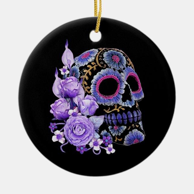 Lila Blommigt Black Sugar Skull Julgransprydnad Keramik (Framsidan)