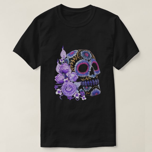 Lila Blommigt Black Sugar Skull T Shirt (Design framsida)