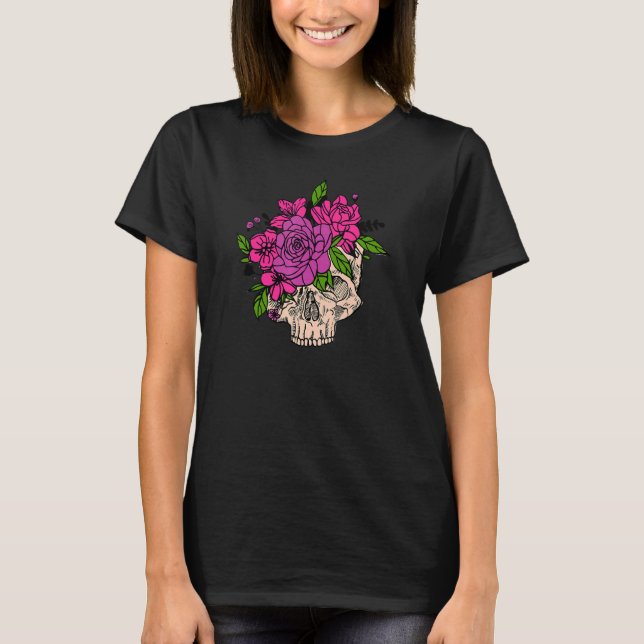 Lila Blommigt Black Sugar Skullblomma och Garden T Shirt (Framsida)