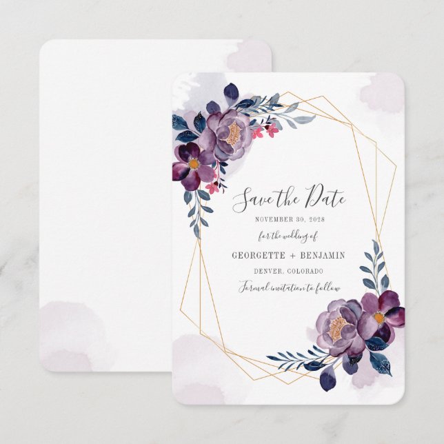 Lila Blommigt Bloom Script Geometric Spara datum Datumet (Fram/baksida)