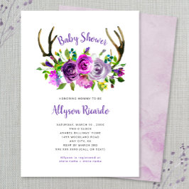 Lila Blommigt Boho Antlers Baby Shower-inbjudan Inbjudningar