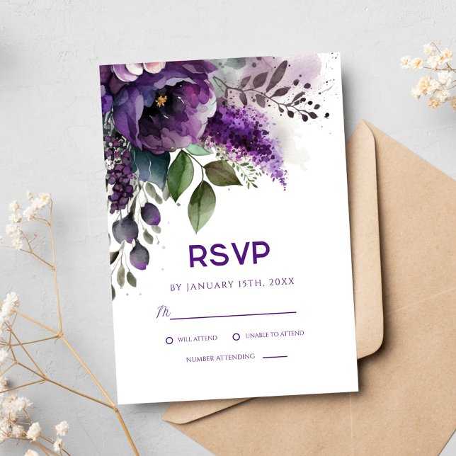 Lila Blommigt Botanisk Elegant Modern Bröllop OSA Kort (Purple Floral Botanical Elegant Modern Wedding RSVP Card)