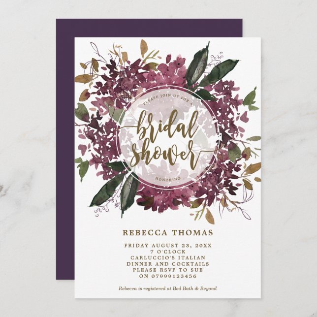 lila blommigt botaniska inbjudningskort för möhipp (Fram/baksida)