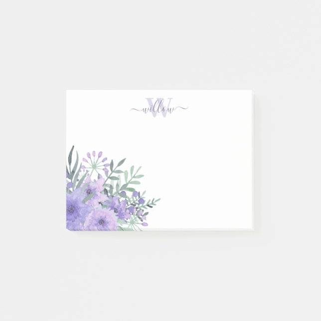 Lila Blommigt Bouquet Monogram Post-it Notes Block (Framsida)