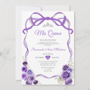 Lila Blommigt Bow Ribbon Silver Krona Mis Quince Inbjudningar
