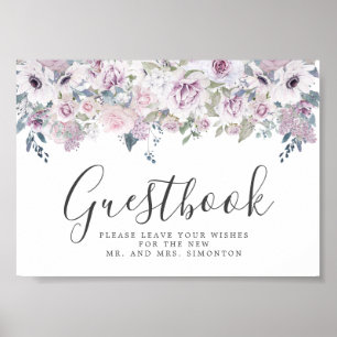 Lila Blommigt Bröllop Guestbook-tecken Poster