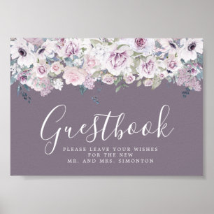 Lila Blommigt Bröllop Guestbook-tecken Poster