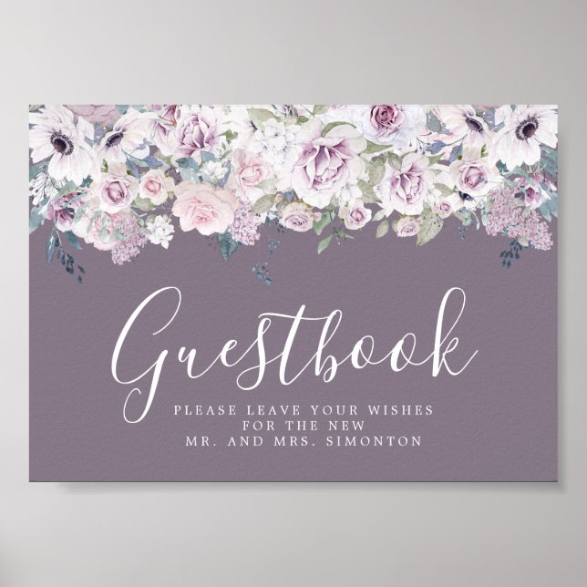 Lila Blommigt Bröllop Guestbook-tecken Poster (Framsidan)