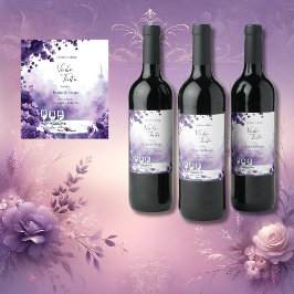 Lila Blommigt Bröllop i Paris med Eiffel Torn Vinflaska Etikett