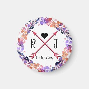 Lila Blommigt Bröllop Monogram Utandningsdesign fö Magnet