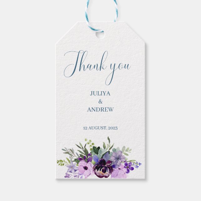 Lila blommigt bröllop tack presentetikett (Framsidan)