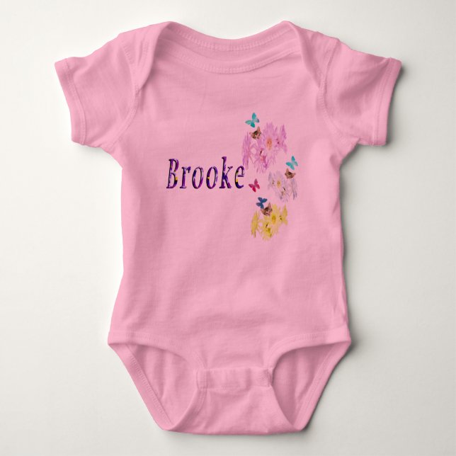 Lila Blommigt Brooke Namn Logotyp, Baby Bodykosten T Shirt (Framsida)