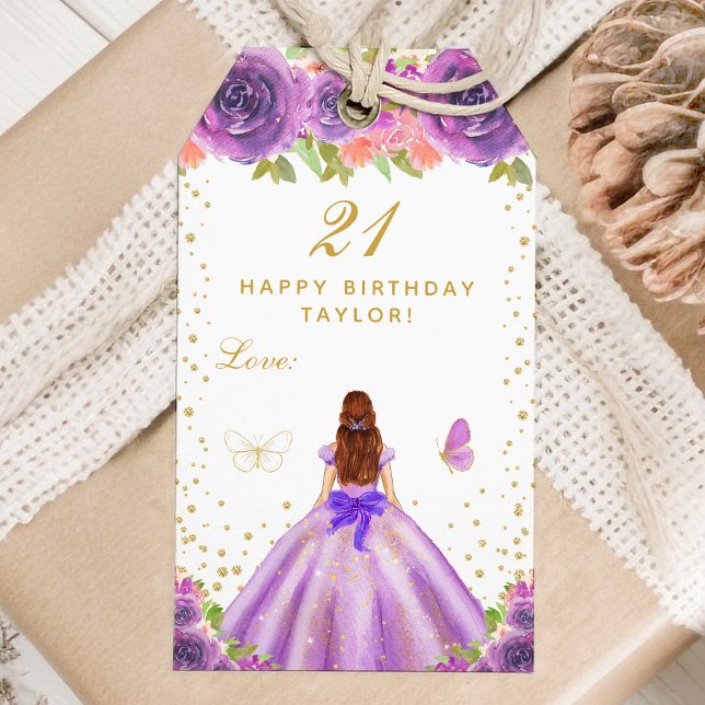 Lila Blommigt Brown Hair Girl Grattis på födelseda Presentetikett (Skapare uppladdad)