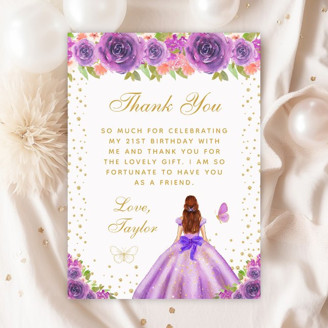 Lila Blommigt Brown Hair Princess Födelsedagsfest Tack Kort (Skapare uppladdad)