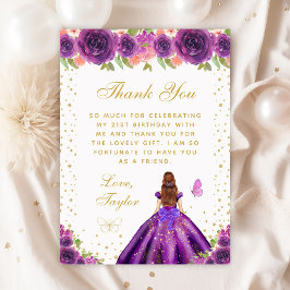 Lila Blommigt Brown Hair Princess Födelsedagsfest Tack Kort