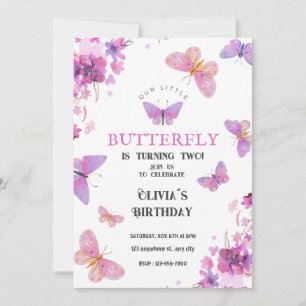 Lila Blommigt Butterflies Baby Birthday Call Inbjudningar