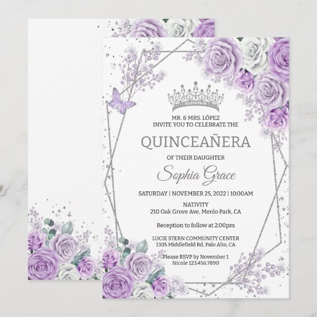 Lila Blommigt Butterflies Quinceañera Birthday Inbjudningar (Fram/baksida)