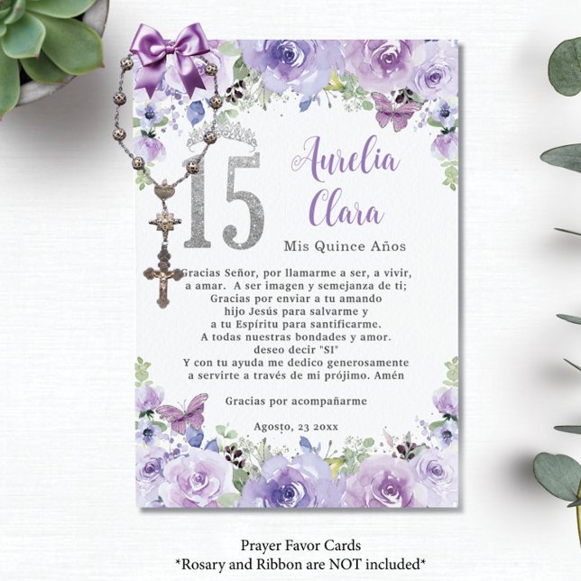 Lila Blommigt Butterflies Quinceañera Prayer Card Tilläggskort (Skapare uppladdad)