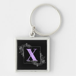 Lila Blommigt Butterfly Anpassningsbar Monogram -  Fyrkantig Silverfärgad Nyckelring