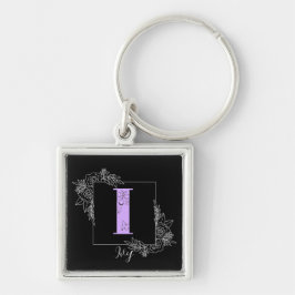 Lila Blommigt Butterfly Anpassningsbar Monogram -  Fyrkantig Silverfärgad Nyckelring