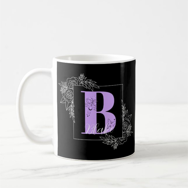 Lila Blommigt Butterfly Anpassningsbar Monogram -  Kaffemugg (Vänster)