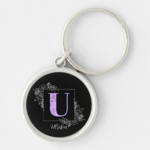 Lila Blommigt Butterfly Anpassningsbar Monogram - Rund Silverfärgad Nyckelring