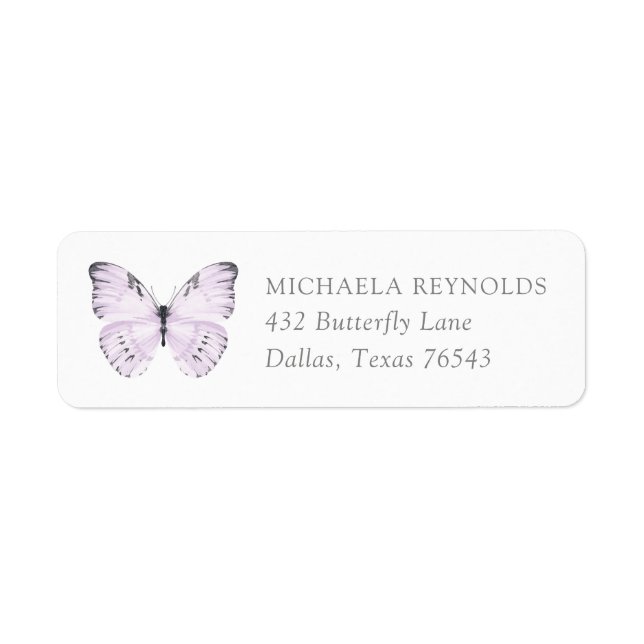 Lila Blommigt Butterfly Baby Shower Returadress Returadress Etikett (Framsidan)