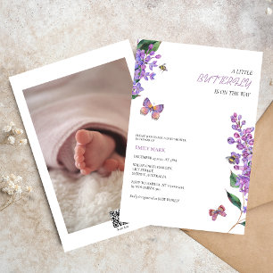 Lila blommigt Butterfly-babyduschinbjudan Inbjudningar