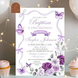 Lila Blommigt Butterfly Baptism och första födelse Inbjudningar