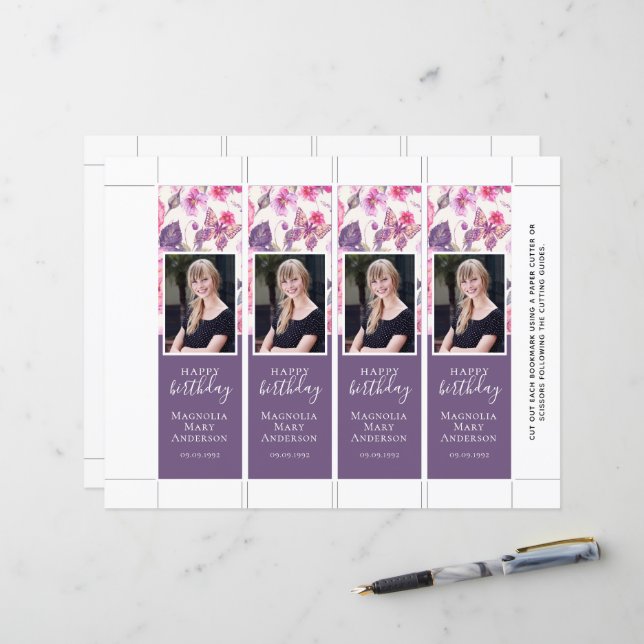 Lila Blommigt Butterfly Birthday Bookmark-mall (Fram/Back In Situ)