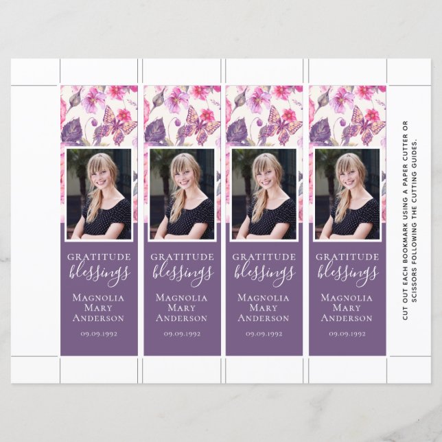 Lila Blommigt Butterfly Birthday Bookmark-mall (Framsida)