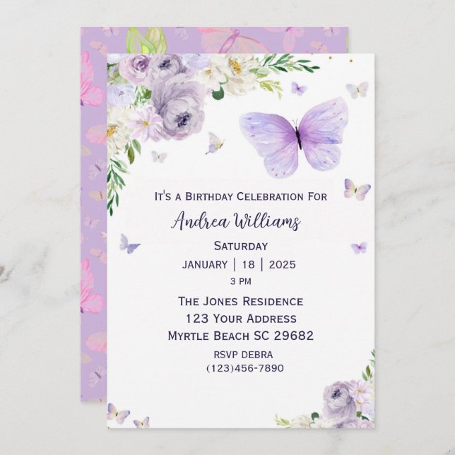 Lila Blommigt Butterfly Födelsedagsfest Inbjudningar (Fram/baksida)