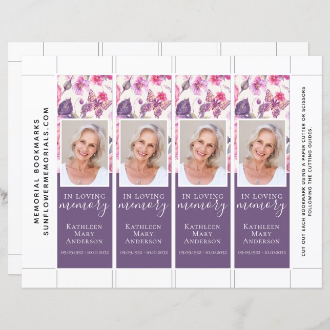 Lila Blommigt Butterfly Funeral Bookmark-mall (Fram/baksida)