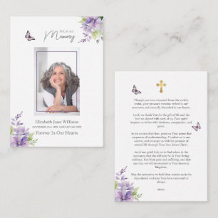 Lila Blommigt Butterfly Funeral Memorial Prayer Anteckningskort