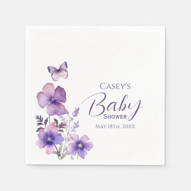 Lila Blommigt Butterfly Girl Baby Shower Pappersservett (Framsidan)
