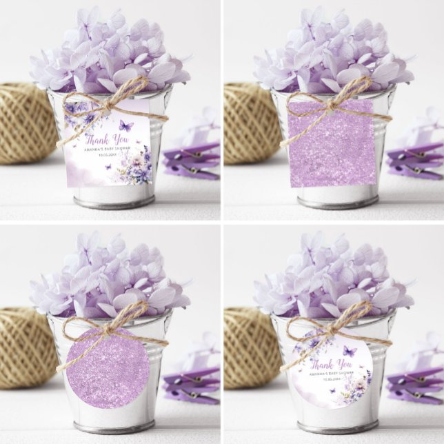 Lila Blommigt Butterfly Girl Baby Shower Tack Gåvor Etiketter (Skapare uppladdad)