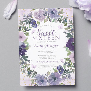 Lila Blommigt Butterfly Guld Sweet 16 Inbjudningar