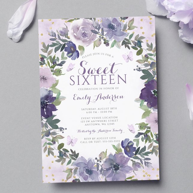 Lila Blommigt Butterfly Guld Sweet 16 Inbjudningar (Skapare uppladdad)