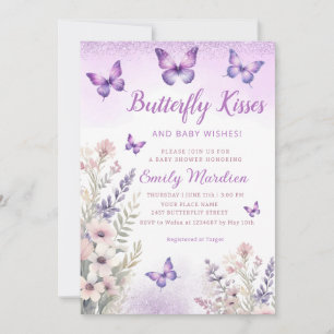 Lila Blommigt Butterfly Kisses Girl Baby Shower Inbjudningar